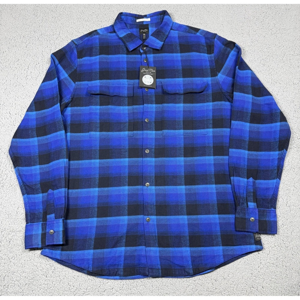 NWT Good Man Brand Shirt Mens 2XL Blue Plaid Flannel Long Sleeve Button Front